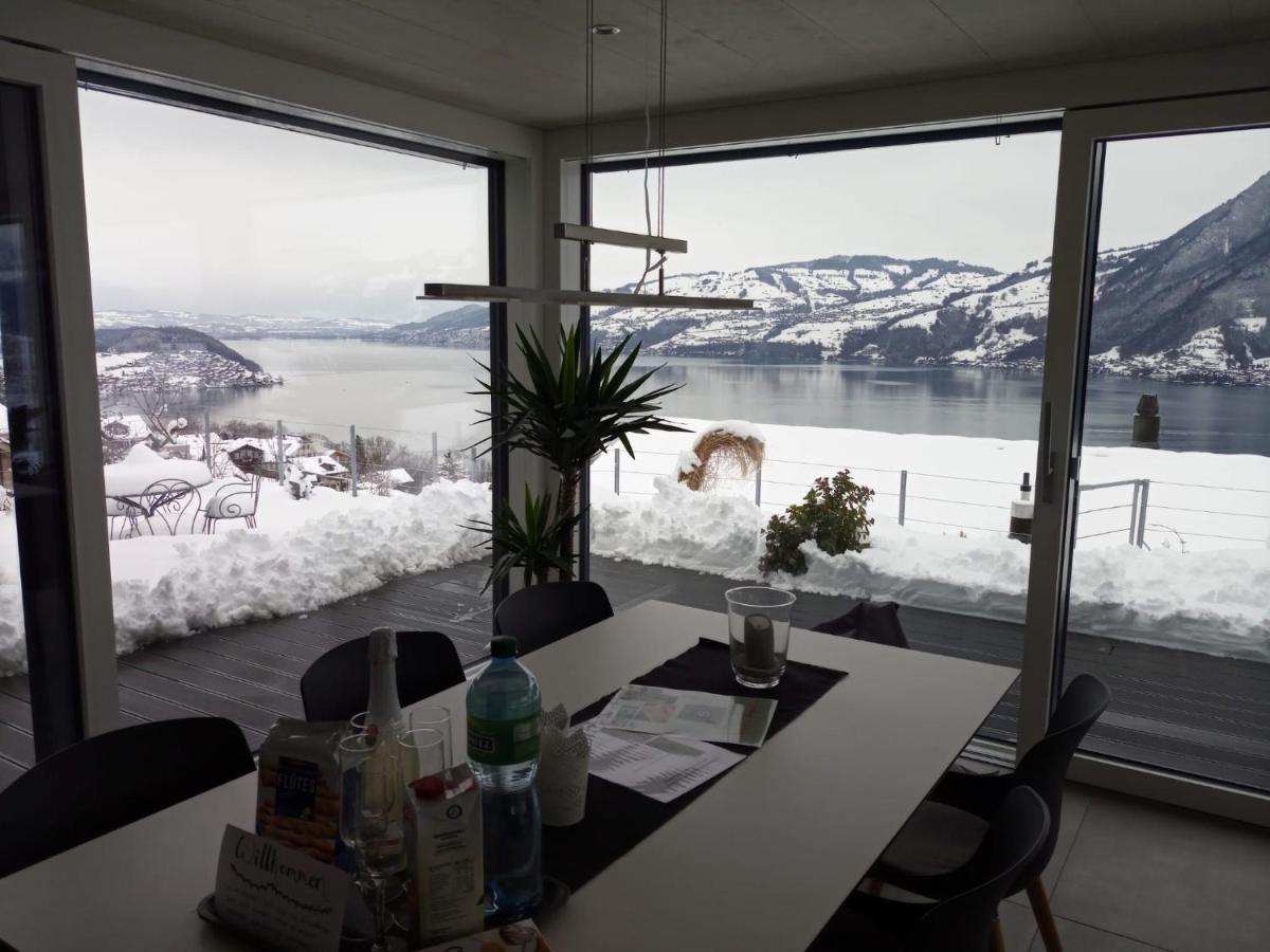 Moderne Unterkunft mit Panoramablick auf Thunersee Krattigen Exterior foto